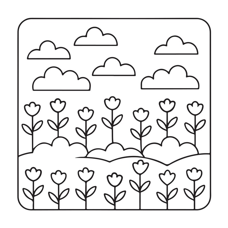May include: A black and white line art illustration featuring a field of simple flowers with rounded petals and leaves. The scene includes rolling hills in the foreground and five fluffy, rounded clouds floating in the sky above the flowers.