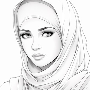 Pu&ograve; includere: Un'illustrazione in bianco e nero a tratto di una persona che indossa un hijab. Il disegno presenta tratti del viso dettagliati, tra cui sopracciglia, ciglia e labbra definite, con ombreggiature morbide sul velo e sui contorni del viso.