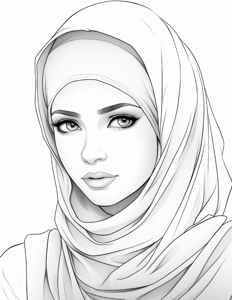 Pu&ograve; includere: Un'illustrazione in bianco e nero a tratto di una persona che indossa un hijab. Il disegno presenta tratti del viso dettagliati, tra cui sopracciglia, ciglia e labbra definite, con ombreggiature morbide sul velo e sui contorni del viso.