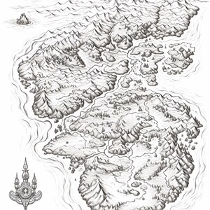 Pode incluir: Uma ilustra&ccedil;&atilde;o a tinta preta e branca de um mapa de fantasia com cadeias de montanhas irregulares, rios sinuosos, florestas densas e ilhas espalhadas rodeadas por &aacute;gua. Uma rosa dos ventos decorativa est&aacute; posicionada no canto inferior esquerdo.