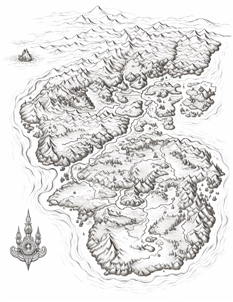 Pode incluir: Uma ilustra&ccedil;&atilde;o a tinta preta e branca de um mapa de fantasia com cadeias de montanhas irregulares, rios sinuosos, florestas densas e ilhas espalhadas rodeadas por &aacute;gua. Uma rosa dos ventos decorativa est&aacute; posicionada no canto inferior esquerdo.