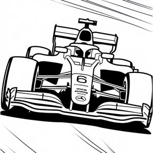 Black and white line art of a Formula One race car viewed from a low front angle showing the number six on the front nose.