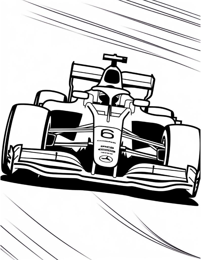 Black and white line art of a Formula One race car viewed from a low front angle showing the number six on the front nose.