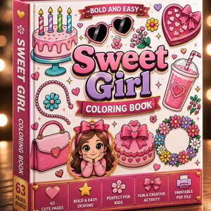 May include: A hardback colouring book titled Sweet Girl with a pink spine and cover. The cover features illustrations of a birthday cake, heart-shaped sunglasses, a box of chocolates, a drink, a handbag, a girl, and a floral wreath with text.