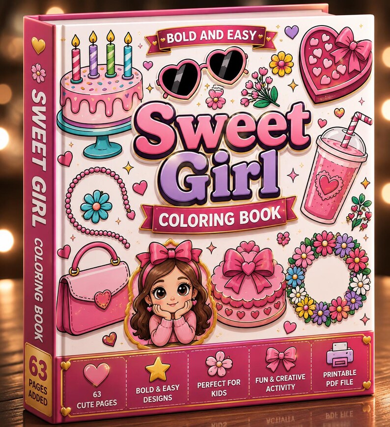 May include: A hardback colouring book titled Sweet Girl with a pink spine and cover. The cover features illustrations of a birthday cake, heart-shaped sunglasses, a box of chocolates, a drink, a handbag, a girl, and a floral wreath with text.