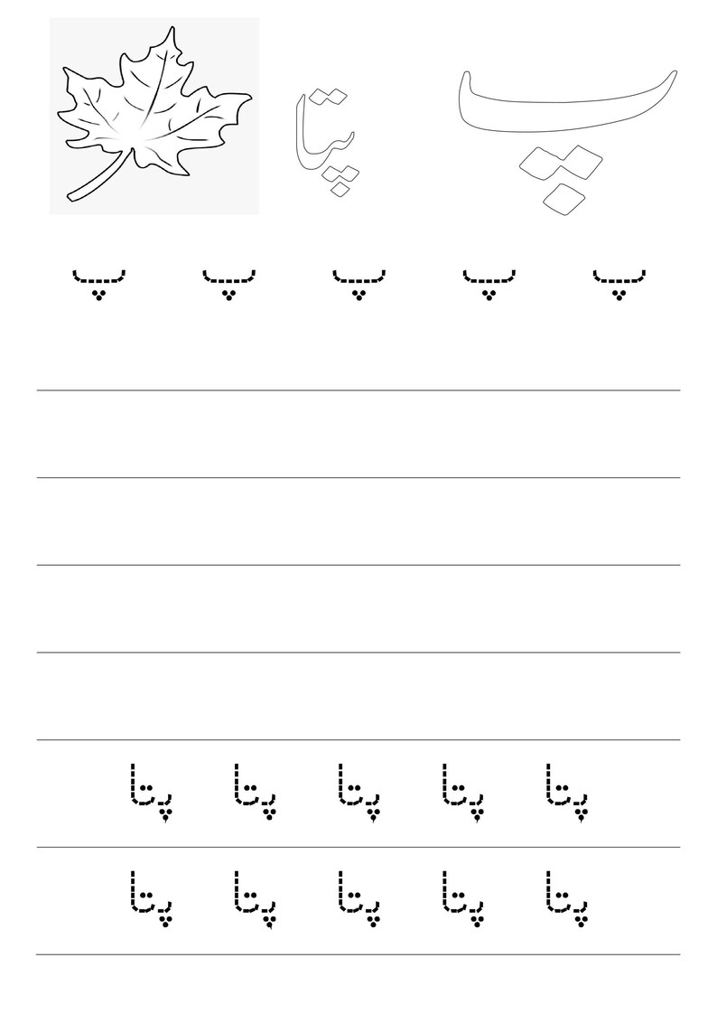 An Urdu letter tracing page showing a leaf drawing and practice rows for the letter Pe.