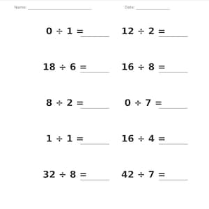 May include: A white educational worksheet titled Division &bull; Single Digit with blank lines for Name and Date. It features ten math problems including 0 &divide; 1, 12 &divide; 2, 18 &divide; 6, 16 &divide; 8, 8 &divide; 2, 0 &divide; 7, 1 &divide; 1, 16 &divide; 4, 32 &divide; 8, and 42 &divide; 7 with empty lines for answers.