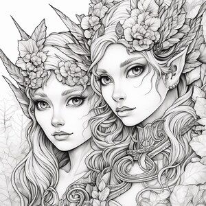 May include: A black and white line art illustration featuring two elven figures with long wavy hair adorned with intricate floral crowns and pointed ears. The characters are surrounded by detailed foliage and leaves, rendered in a clean, high-contrast style suitable for colouring pages or detailed graphic design projects.