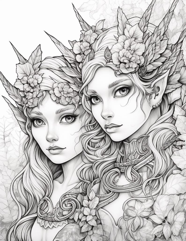 May include: A black and white line art illustration featuring two elven figures with long wavy hair adorned with intricate floral crowns and pointed ears. The characters are surrounded by detailed foliage and leaves, rendered in a clean, high-contrast style suitable for colouring pages or detailed graphic design projects.