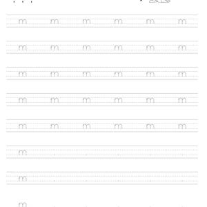 May include: A white educational worksheet for practicing the lowercase letter m. The page features the letter m, the word monkey, and a small monkey illustration at the top, followed by eight rows of dashed letter m characters for tracing practice.