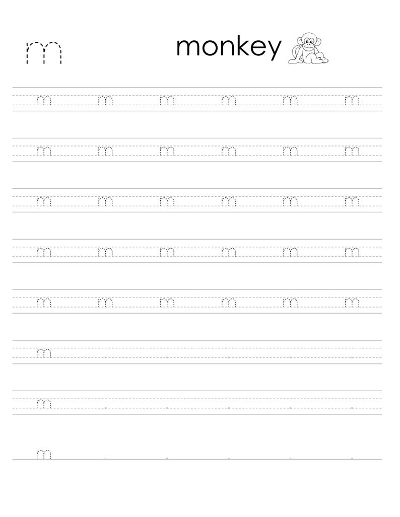 May include: A white educational worksheet for practicing the lowercase letter m. The page features the letter m, the word monkey, and a small monkey illustration at the top, followed by eight rows of dashed letter m characters for tracing practice.