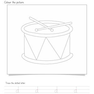 Op de afbeelding: Een zwart-wit werkblad met de titel Topic: Letter 'd' Worksheet. Het bevat een lijntekening van een trommel met twee drumstokken erbovenop, gevolgd door een sectie om de gestippelde kleine letter d vier keer over te trekken.