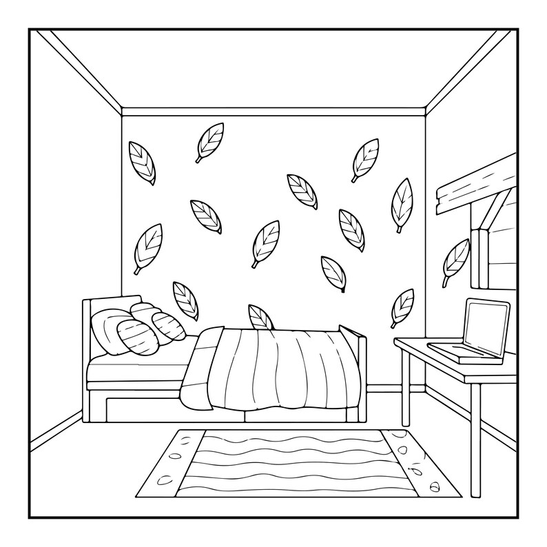 May include: A black and white line art illustration of a bedroom interior. The room features a bed with pillows and a striped blanket, a desk with a laptop, and a rug with a wavy pattern. The wall is decorated with multiple leaf-shaped decals.