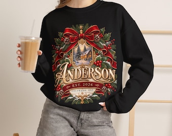 Personalized Family Christmas Sweatshirt, Custom Last Name Holiday Crewneck, Christmas Crest Shirt, Established Family Gift