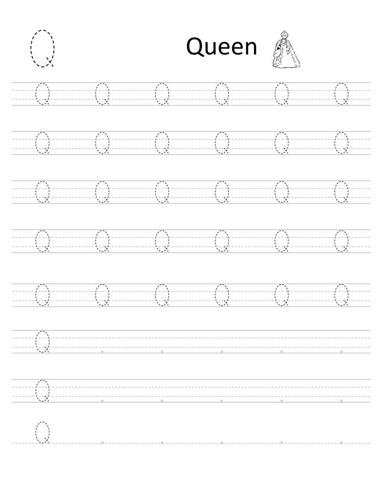 Pode incluir: Uma folha de exerc&iacute;cios educativa em preto e branco para praticar a letra Q. A p&aacute;gina apresenta a palavra Queen, uma pequena ilustra&ccedil;&atilde;o de uma rainha e v&aacute;rias linhas com letras Q pontilhadas para cobrir em papel pautado padr&atilde;o.