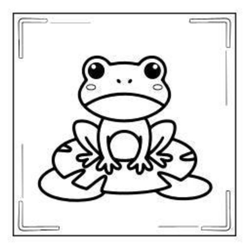A line drawing of a cartoon frog sitting on a lily pad, with a decorative border.