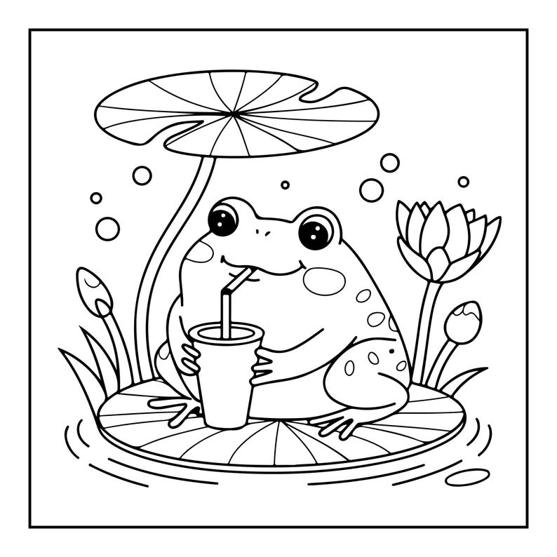 K&ouml;nnte beinhalten: Eine schwarz-wei&szlig;e Malvorlage mit einem Cartoon-Frosch, der auf einem gro&szlig;en Seerosenblatt sitzt. Der Frosch h&auml;lt einen Becher mit einem Strohhalm und trinkt daraus. Ein gro&szlig;es Seerosenblatt h&auml;ngt &uuml;ber dem Frosch und eine Seerosenbl&uuml;te steht daneben.