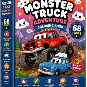 以下が含まれることがあります： 68ページの「Monster Truck Adventure」塗り絵。表紙には、泥の中を走る赤いモンスタートラックと青い車が描かれており、背景には山々と笑顔の雲があります。背表紙と枠にはテキストとアイコンが含まれています。