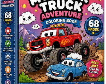 Livre de coloriage Monster Truck Adventure | 68 pages, traits épais (Téléchargement numérique)