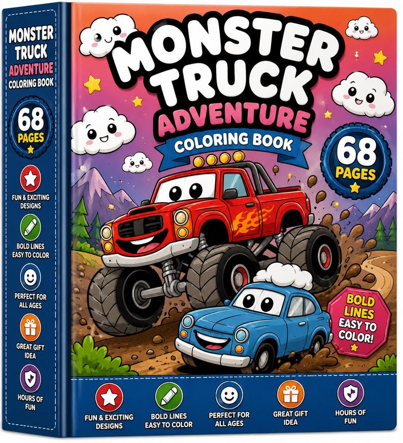 以下が含まれることがあります： 68ページの「Monster Truck Adventure」塗り絵。表紙には、泥の中を走る赤いモンスタートラックと青い車が描かれており、背景には山々と笑顔の雲があります。背表紙と枠にはテキストとアイコンが含まれています。