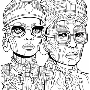 Op de afbeelding: Een zwart-wit lijntekening van twee figuren met versierde, gedessineerde hoofddeksels, grote ronde oorgauges en brillen met een dik montuur. De ingewikkelde ontwerpen bedekken hun gezichten, halzen en kleding met geometrische vormen.