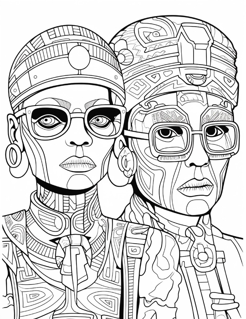 Op de afbeelding: Een zwart-wit lijntekening van twee figuren met versierde, gedessineerde hoofddeksels, grote ronde oorgauges en brillen met een dik montuur. De ingewikkelde ontwerpen bedekken hun gezichten, halzen en kleding met geometrische vormen.