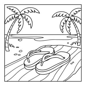 K&ouml;nnte beinhalten: Eine schwarz-wei&szlig;e Strichzeichnung, die ein Paar Flip-Flops auf einem Sandstrand zeigt. Im Hintergrund stehen zwei Palmen auf beiden Seiten der K&uuml;ste, wobei der Meereshorizont unter einem klaren, offenen Himmel zu sehen ist.
