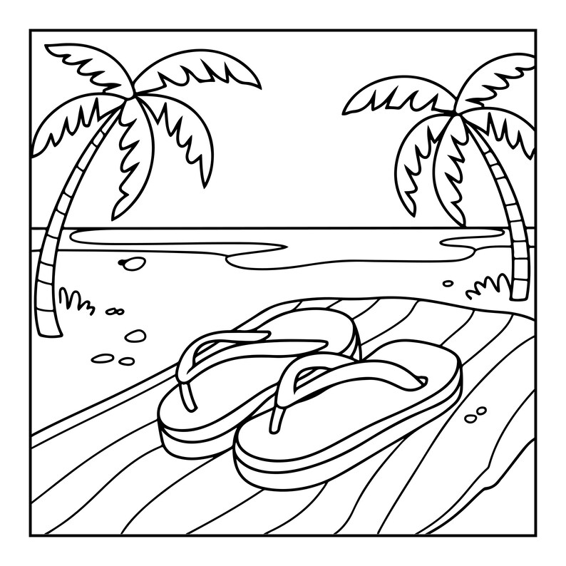 K&ouml;nnte beinhalten: Eine schwarz-wei&szlig;e Strichzeichnung, die ein Paar Flip-Flops auf einem Sandstrand zeigt. Im Hintergrund stehen zwei Palmen auf beiden Seiten der K&uuml;ste, wobei der Meereshorizont unter einem klaren, offenen Himmel zu sehen ist.