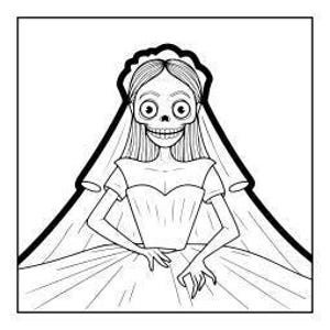 A line drawing of a skeleton bride wearing a wedding dress and veil, with long hair and a wide smile.