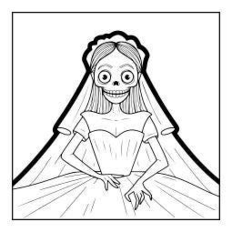 A line drawing of a skeleton bride wearing a wedding dress and veil, with long hair and a wide smile.