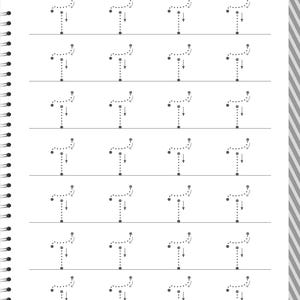 Peut inclure: Une page de feuille d'exercices &eacute;ducative blanche pr&eacute;sentant des rang&eacute;es de la lettre T dans un style de police en pointill&eacute;s avec des fl&egrave;ches directionnelles pour guider l'&eacute;criture. La page est reli&eacute;e en spirale sur le c&ocirc;t&eacute; gauche.