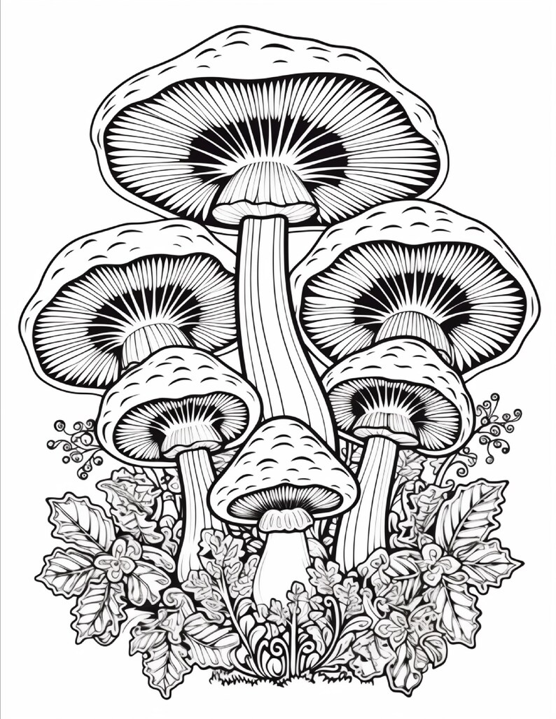 May include: A black and white line art illustration featuring a cluster of five mushrooms of varying sizes. The mushrooms have detailed gills underneath their caps and are surrounded by intricate foliage, leaves, and small decorative vines.
