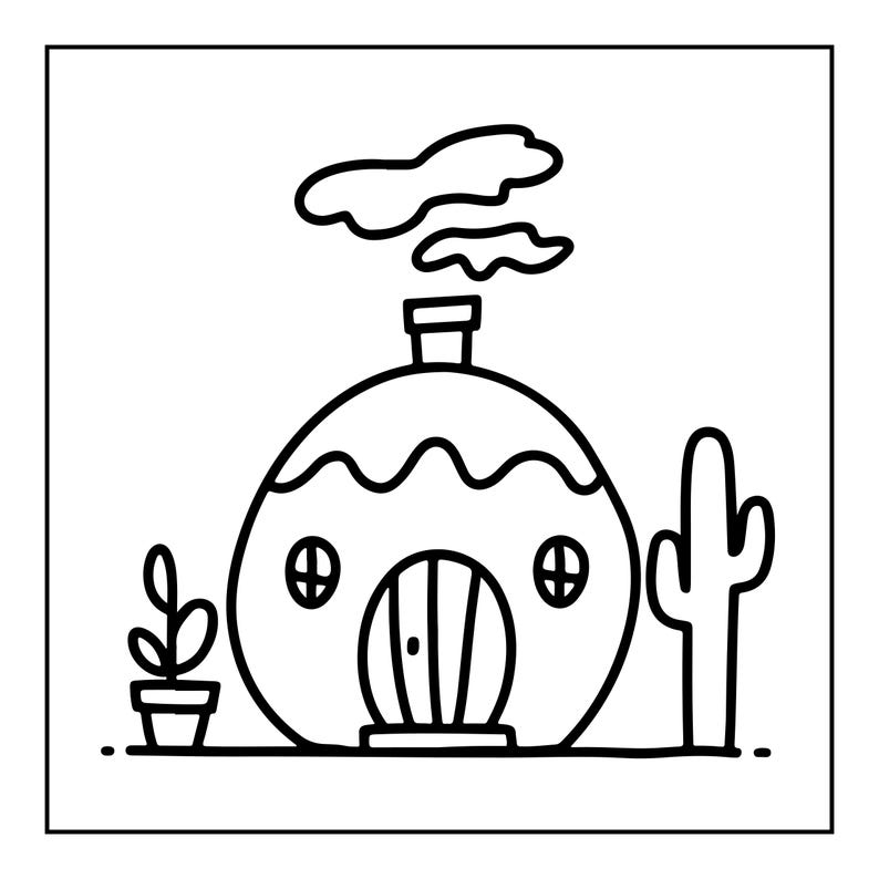 May include: A black and white line drawing of a rounded house with a chimney emitting smoke. The house features a central arched door, two small circular windows, and a wavy roofline. A potted plant sits to the left and a cactus to the right.
