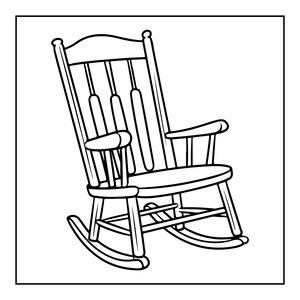 Peut inclure: Un dessin au trait noir et blanc repr&eacute;sentant une chaise &agrave; bascule en bois. La chaise pr&eacute;sente un dossier haut avec des lattes verticales, des accoudoirs incurv&eacute;s, une assise plate et deux patins incurv&eacute;s &agrave; la base, le tout en traits nets.