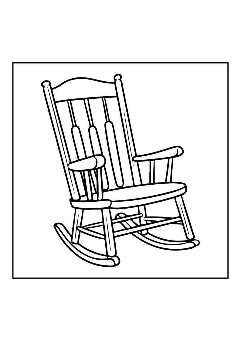 Peut inclure: Un dessin au trait noir et blanc repr&eacute;sentant une chaise &agrave; bascule en bois. La chaise pr&eacute;sente un dossier haut avec des lattes verticales, des accoudoirs incurv&eacute;s, une assise plate et deux patins incurv&eacute;s &agrave; la base, le tout en traits nets.