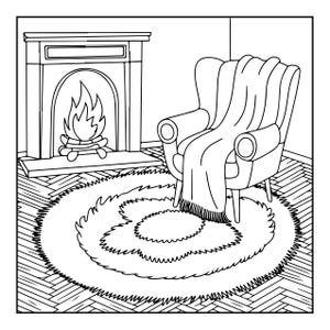 May include: A black and white line art illustration of a room interior featuring a fireplace with a burning fire, a wingback armchair draped with a fringed throw blanket, and a large circular rug placed on a herringbone patterned floor.