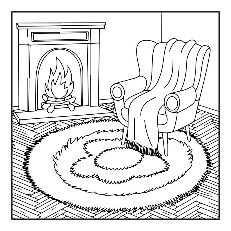 May include: A black and white line art illustration of a room interior featuring a fireplace with a burning fire, a wingback armchair draped with a fringed throw blanket, and a large circular rug placed on a herringbone patterned floor.