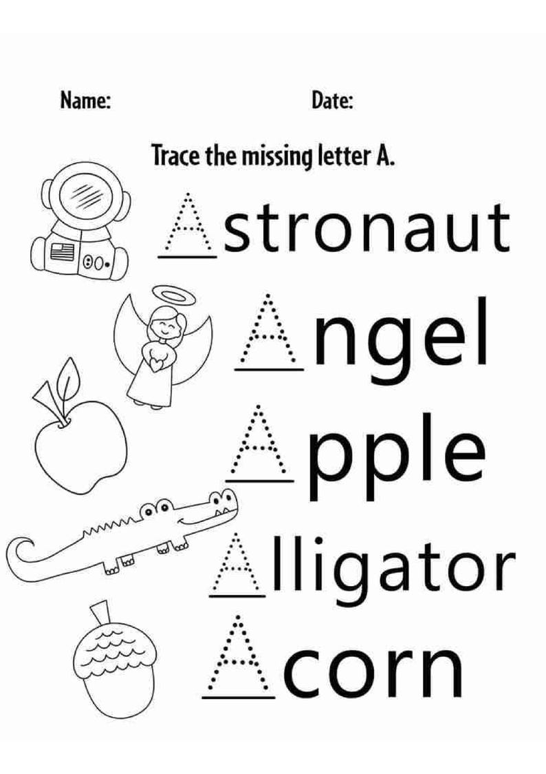 Op de afbeelding: Een zwart-wit educatief werkblad getiteld Trace the missing letter A. Het bevat lijntekeningen van een astronaut, engel, appel, alligator en eikel, elk gekoppeld aan het woord waarbij de beginletter A ontbreekt om over te trekken.