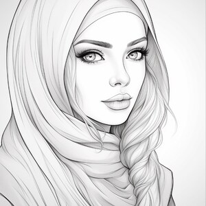 Pu&ograve; includere: Un'illustrazione in bianco e nero a tratto di una persona che indossa un hijab. Il soggetto ha ciglia lunghe, sopracciglia definite e una treccia spessa drappeggiata su una spalla. Il disegno presenta contorni netti e ombreggiature.