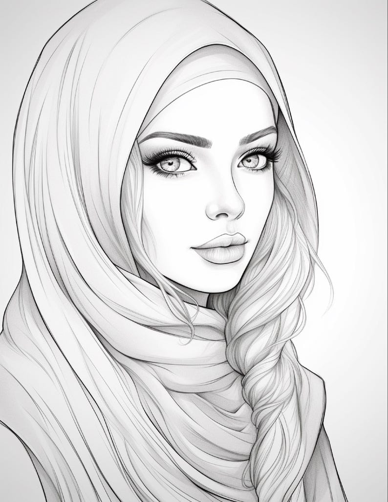 Pu&ograve; includere: Un'illustrazione in bianco e nero a tratto di una persona che indossa un hijab. Il soggetto ha ciglia lunghe, sopracciglia definite e una treccia spessa drappeggiata su una spalla. Il disegno presenta contorni netti e ombreggiature.