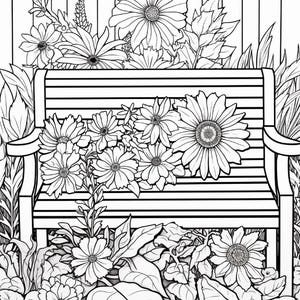 K&ouml;nnte beinhalten: Eine schwarz-wei&szlig;e Strichzeichnung einer h&ouml;lzernen Gartenbank vor einem Zaun mit vertikalen Latten. Die Bank ist von verschiedenen bl&uuml;henden Blumen umgeben, darunter gro&szlig;e Sonnenblumen und G&auml;nsebl&uuml;mchen, mit &uuml;ppigem Blattwerk am unteren Rand.
