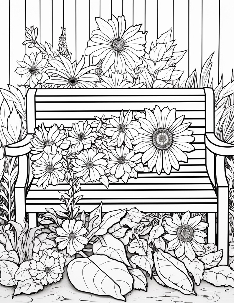 K&ouml;nnte beinhalten: Eine schwarz-wei&szlig;e Strichzeichnung einer h&ouml;lzernen Gartenbank vor einem Zaun mit vertikalen Latten. Die Bank ist von verschiedenen bl&uuml;henden Blumen umgeben, darunter gro&szlig;e Sonnenblumen und G&auml;nsebl&uuml;mchen, mit &uuml;ppigem Blattwerk am unteren Rand.