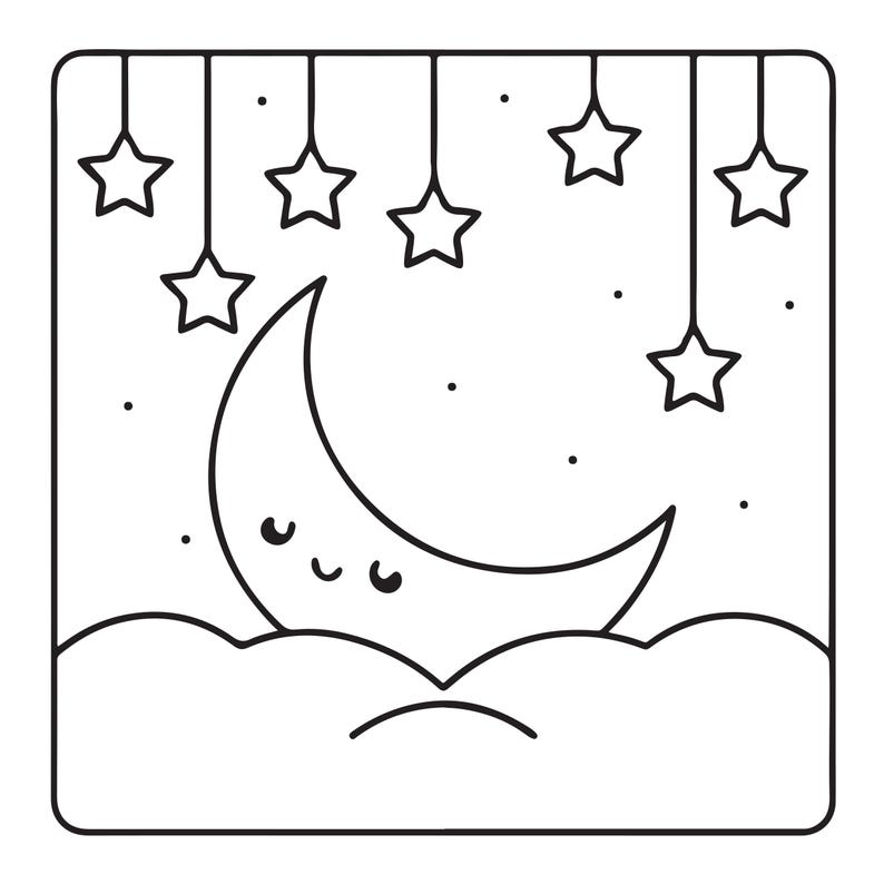 May include: A black and white line art illustration featuring a smiling crescent moon resting on a cloud. Above the moon, five five-pointed stars hang from thin vertical lines, interspersed with small dots representing stars in the night sky.