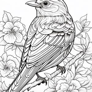 May include: A black and white line art illustration of a bird perched on a branch surrounded by blooming flowers. The drawing features detailed feather textures, a sharp beak, and layered petals, creating a clear, high-contrast coloring page.