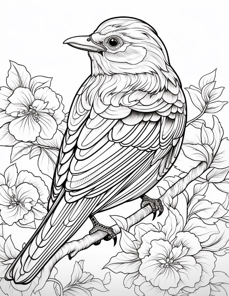 May include: A black and white line art illustration of a bird perched on a branch surrounded by blooming flowers. The drawing features detailed feather textures, a sharp beak, and layered petals, creating a clear, high-contrast coloring page.