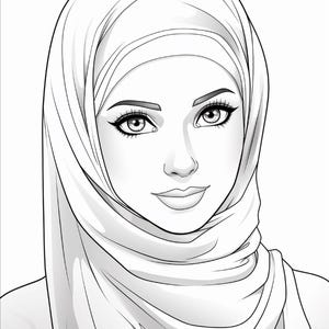 Pu&ograve; includere: Un'illustrazione in bianco e nero a tratto di un volto che indossa un hijab. Il disegno presenta occhi dettagliati con ciglia lunghe, sopracciglia arcuate e un sorriso accennato. Il velo avvolge la testa e il collo con linee fluide.