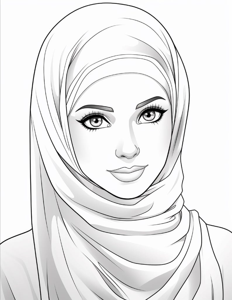 Pu&ograve; includere: Un'illustrazione in bianco e nero a tratto di un volto che indossa un hijab. Il disegno presenta occhi dettagliati con ciglia lunghe, sopracciglia arcuate e un sorriso accennato. Il velo avvolge la testa e il collo con linee fluide.