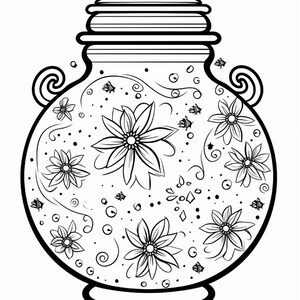 K&ouml;nnte beinhalten: Eine schwarz-wei&szlig;e Strichzeichnung eines bauchigen Gef&auml;&szlig;es mit Deckel und zwei seitlichen Griffen. Die Oberfl&auml;che ist mit zahlreichen Blumenmustern, geschwungenen Linien, kleinen Punkten und winzigen insektenartigen Figuren verziert.