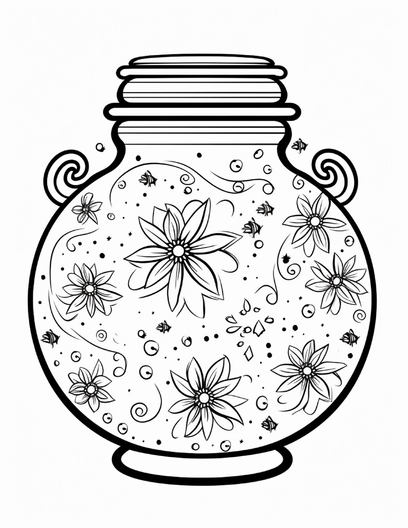 K&ouml;nnte beinhalten: Eine schwarz-wei&szlig;e Strichzeichnung eines bauchigen Gef&auml;&szlig;es mit Deckel und zwei seitlichen Griffen. Die Oberfl&auml;che ist mit zahlreichen Blumenmustern, geschwungenen Linien, kleinen Punkten und winzigen insektenartigen Figuren verziert.