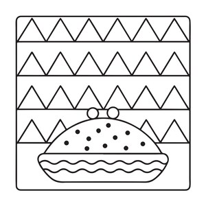 May include: A black and white line art illustration featuring a rounded coin purse with a kiss-lock clasp and polka dot pattern, positioned in front of a square background filled with three horizontal rows of repeating triangle shapes.